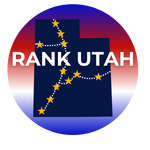 Rank Utah SEO & Web Design Company Logo with an image of Utah State and stars in locations like St. George, Orem, Provo, and Salt Lake City along highway I-15 representing small businesses businesses ranking on Google in multiple locations.